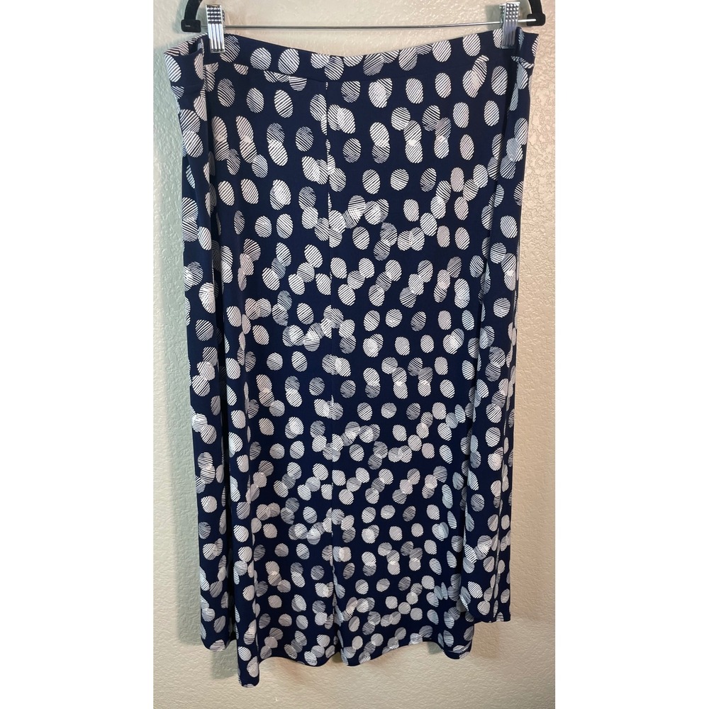 Chicos 3 US XL Midi Skirt Navy Blue White Abstract Polka Dot Stretch Slit Artsy